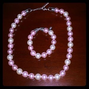 Pink and pearl white pearl necklace/bracelet set